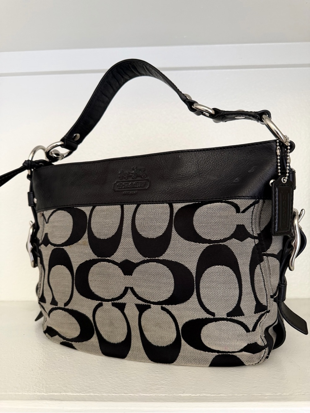COACH Authentic F12657 Zoe Medium Hobo bag purse Grey Jacquard Black Leather